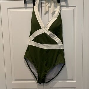 Boden self-tie olive green and white halterneck style one-piece swimsuit. NWT!!